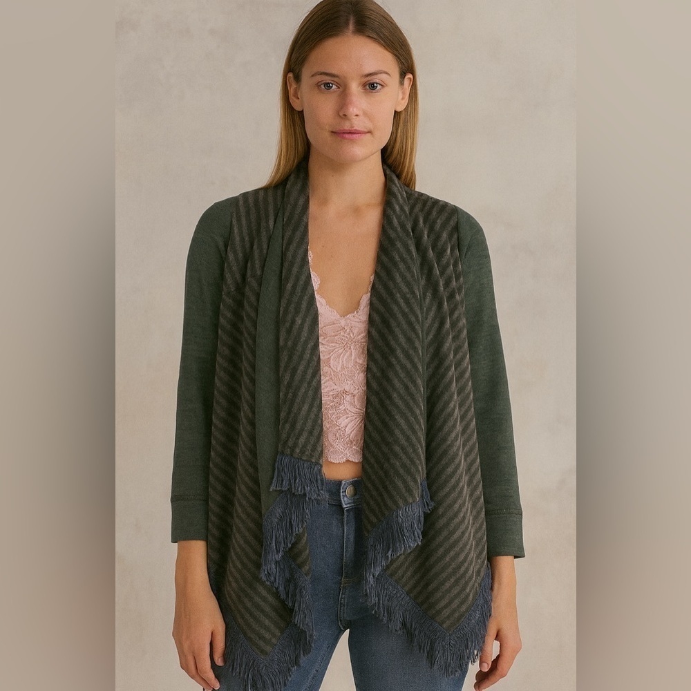 Anthropologie Boho Chic Green & Gray Striped Fringe Open Front Cardigan Sweater